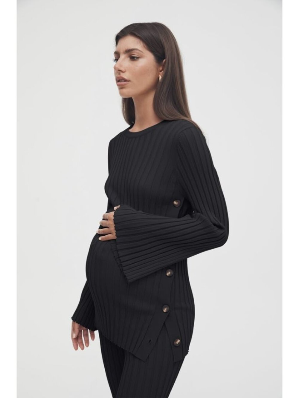 Légoe Heritage Black Ribbed Maternity Top With Side Buttons Long Sleeves Size L